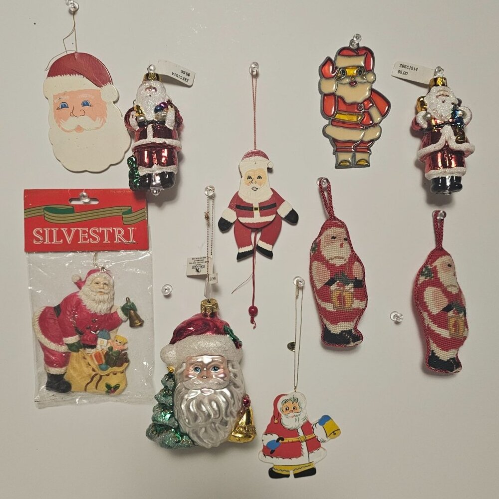 10 VTG Assorted Santa Christmas Ornaments Kurt Adler, Silvestri, Needlepoint
